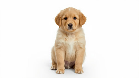 Cute Golden Retriever puppy sitting on a white background.の素材