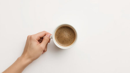 Female hand holding a cup of coffee on a white background, top viewの素材