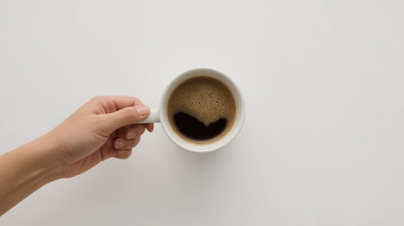 Female hand holding a cup of coffee on a white background, top viewの素材