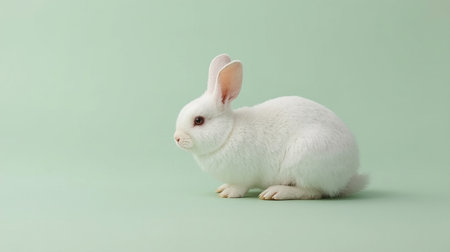 Cute white rabbit on pastel green background. Studio shot.の素材
