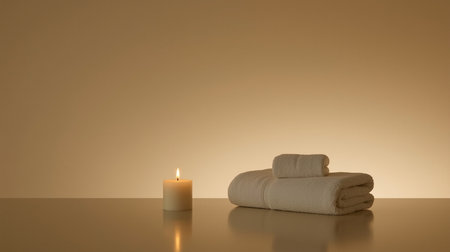 Spa towels and burning candle on a table. 3d renderingの素材