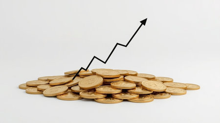Falling gold coin with growth graph on white background, business conceptの素材
