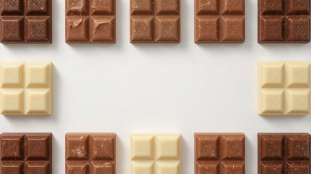 top view of assorted chocolate bars arranged on white background, flat layの素材