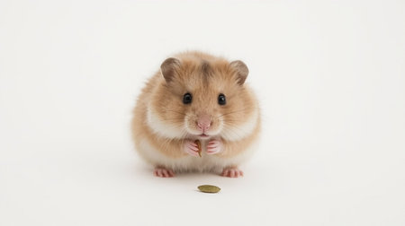 Hamster with a coin in his mouth on a white background.の素材