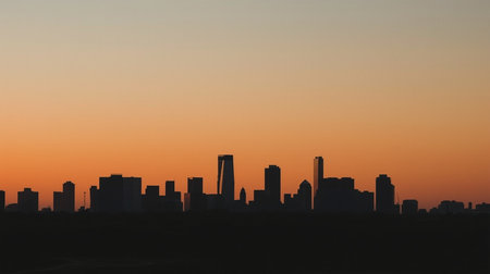 Silhouette of a modern city in the background of the setting sunの素材