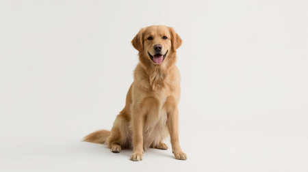 Studio shot of a Golden Retriever sitting against white background.の素材