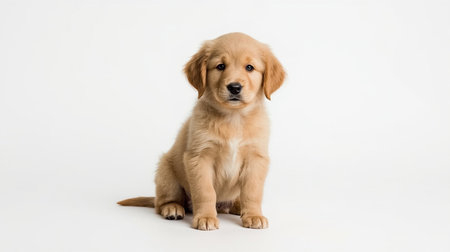 Golden Retriever puppy sitting on white background. Studio shot.の素材