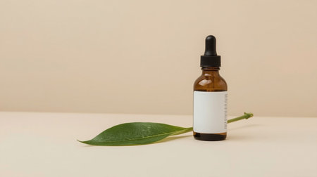 A bottle of essential oil with a green leaf on a beige backgroundの素材