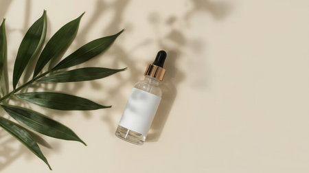 Cosmetic bottle with pipette on beige background with tropical leaves. Flat lay, top viewの素材