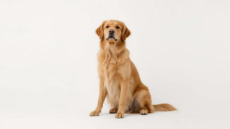 Studio shot of a Golden Retriever sitting on white background.の素材