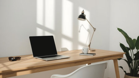 Side view of modern workplace with blank screen laptop, coffee cup and other items on wooden tableの素材