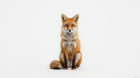 Red fox sitting on a white background and looking at the camera.の素材