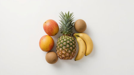 Pineapple, banana, kiwi and mango on white backgroundの素材