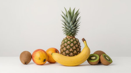 Pineapple, bananas and kiwi on a white backgroundの素材