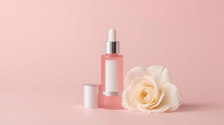 Cosmetic bottle with white rose on pink background. Beauty branding mockup.の素材
