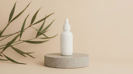 Cosmetic bottle on podium with eucalyptus branch on beige backgroundの素材