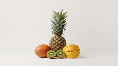 Pineapple, kiwi and mango on white background.の素材