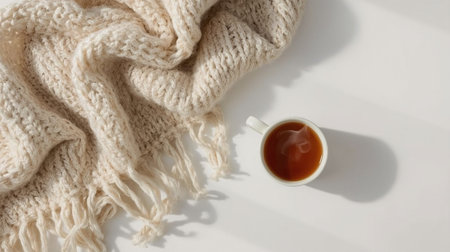 Cup of tea wrapped in a warm scarf on a white backgroundの素材