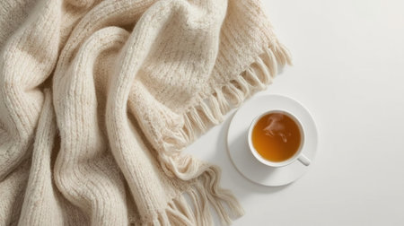 Cup of tea and knitted scarf on white background, top viewの素材