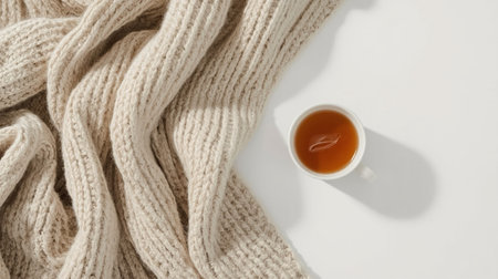 A cup of tea wrapped in a warm scarf on a white backgroundの素材