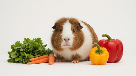 guinea pig with fresh vegetables isolated on white background, studio shotの素材