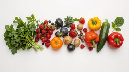 Vegetables and fruits on a white background, top view.の素材