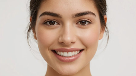 Close up portrait of smiling young woman looking at camera over white backgroundの素材