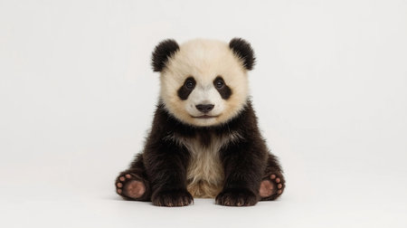 Cute baby panda sitting on white background, studio shot.の素材