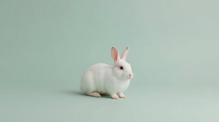White rabbit on pastel green background. Minimal easter concept.の素材