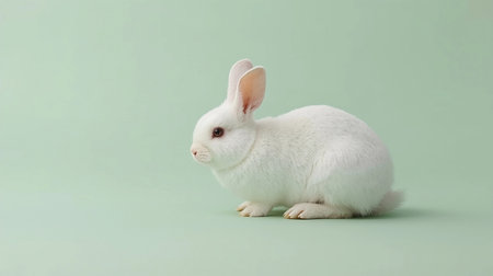 Cute white rabbit isolated on pastel green background. Studio shot.の素材