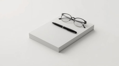 Notebook with pen and glasses on a white background. 3d renderingの素材