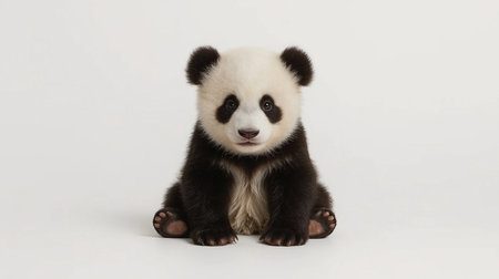 Cute baby panda sitting on white background, close-upの素材