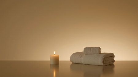 Spa towels and candle on the table. 3D rendering.の素材