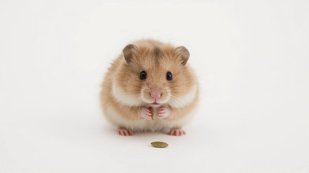 Hamster with a coin on a white background. Close-up.の素材