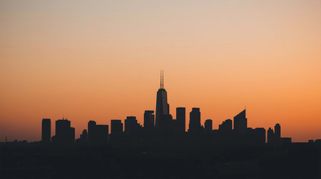 New York City skyline at sunset with skyscrapers silhouettes.の素材