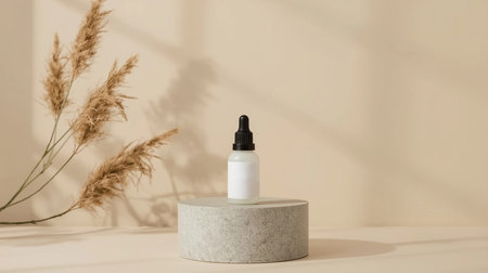 skin care serum dropper bottle mockup on podium with pampas grassの素材