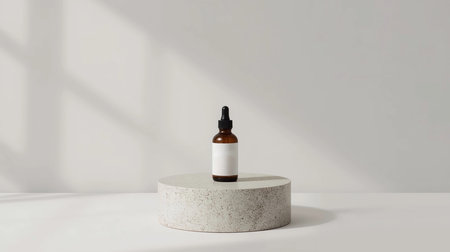 Mockup of brown glass dropper bottle on white podium with shadowの素材