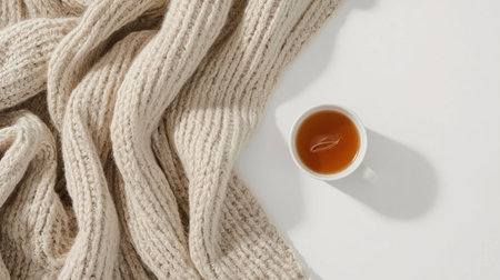 A cup of tea and a knitted scarf on a white backgroundの素材