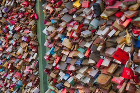 Love padlocks on a bridge in Barcelona, Catalonia, Spain.の写真素材
