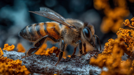 A detailed macro shot reveals a bee gathering pollen from bright orange lichen on a branch, showing vivid realism.の素材