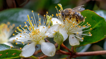 A bee gathers pollen from vibrant white flowers in a vibrant garden, showing nature's beauty and activity.の素材