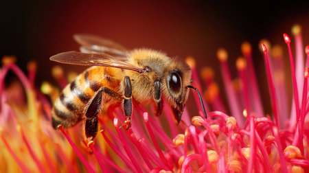 A close-up view shows a bee gathering pollen from colorful flowers during a sunny spring day.の素材