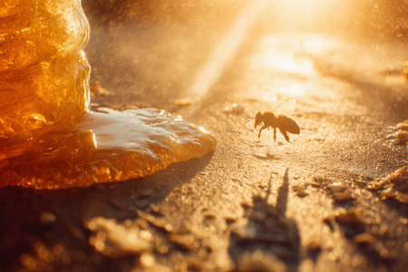 A bee hovers by fresh honey illuminated by warm sunlight in a serene outdoor setting.の素材