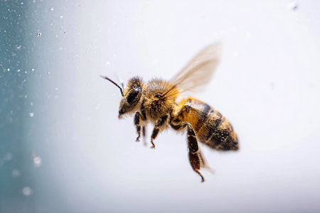 A bee hovers in mid-air against a soft background, showing its wings and body in stunning detail during flight.の素材