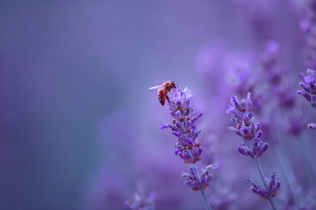 A bee hovers over lavender blooms in a minimalistic field, capturing the essence of nature's beauty at dusk.の素材