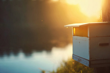 Golden light bathes a tranquil bee hive near calm waters as the sun rises, creating a serene atmosphere.の素材