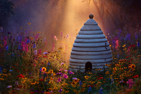 A charming beehive nestled among vibrant flowers, illuminated by soft, warm light in a garden.の素材
