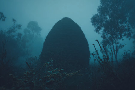 A large haystack looms in the soft diffused light of a foggy evening, surrounded by stillness.の素材