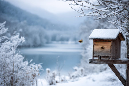 A serene winter landscape features a wooden birdhouse snow-covered near a tranquil river, with soft snowflakes falling.の素材