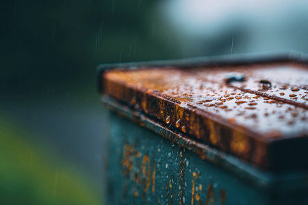Droplets collect on a rusty surface as light rain falls at a quiet outdoor location.の素材